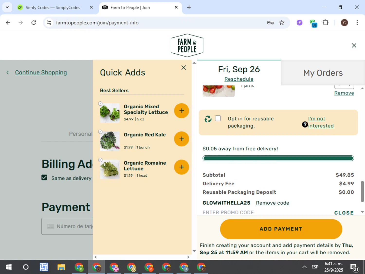 Farm to People promo code screenshot showing code GLOWWITHELLA25 applied at Farm to People checkout page. Uploaded by SimplyCodes community member TreasureFox8596 on Sep 25, 2025