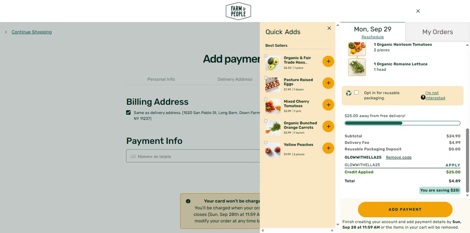 Farm to People promo code screenshot showing code GLOWWITHELLA25 applied at Farm to People checkout page. Uploaded by SimplyCodes community member the_loose_cannon on Sep 25, 2025