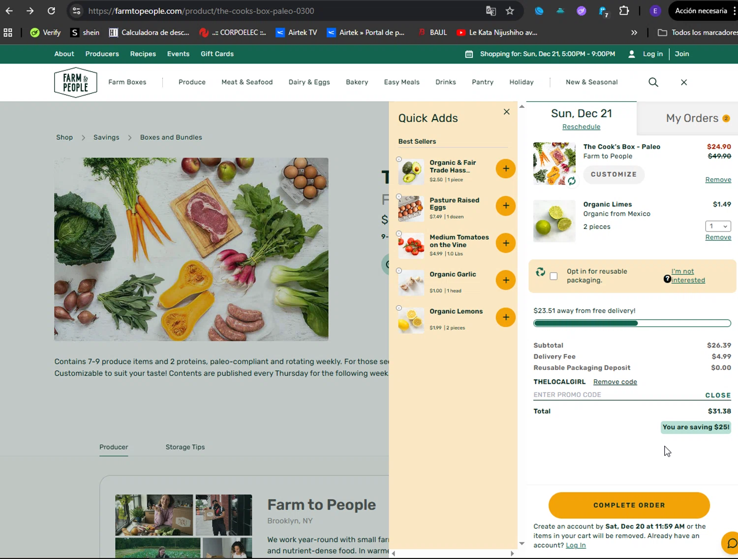Farm to People promo code screenshot showing code THELOCALGIRL applied at Farm to People checkout page. Uploaded by SimplyCodes community member LuckyFinder274 on Dec 14, 2025