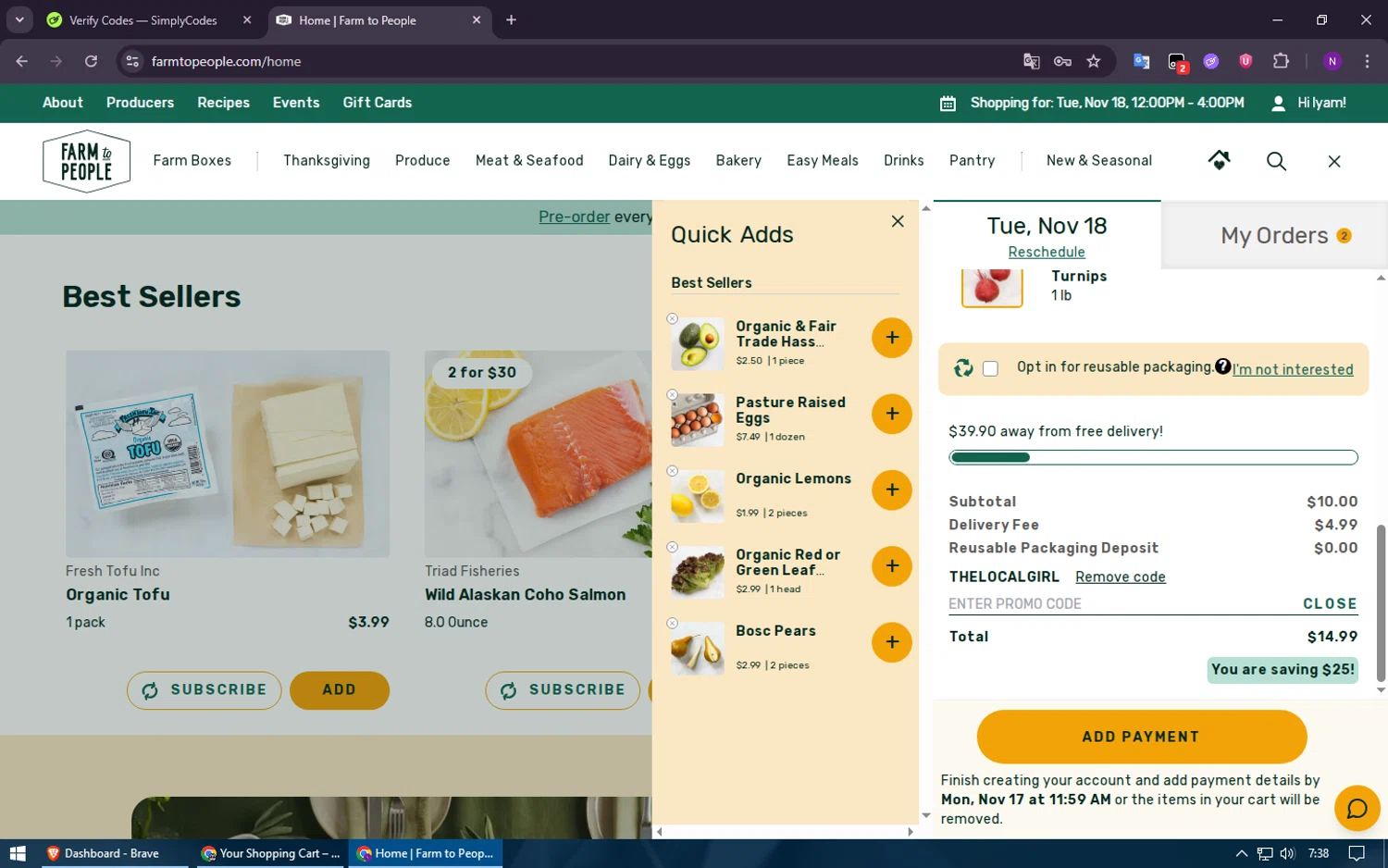 Farm to People promo code screenshot showing code THELOCALGIRL applied at Farm to People checkout page. Uploaded by SimplyCodes community member ShieldElite2370 on Nov 15, 2025