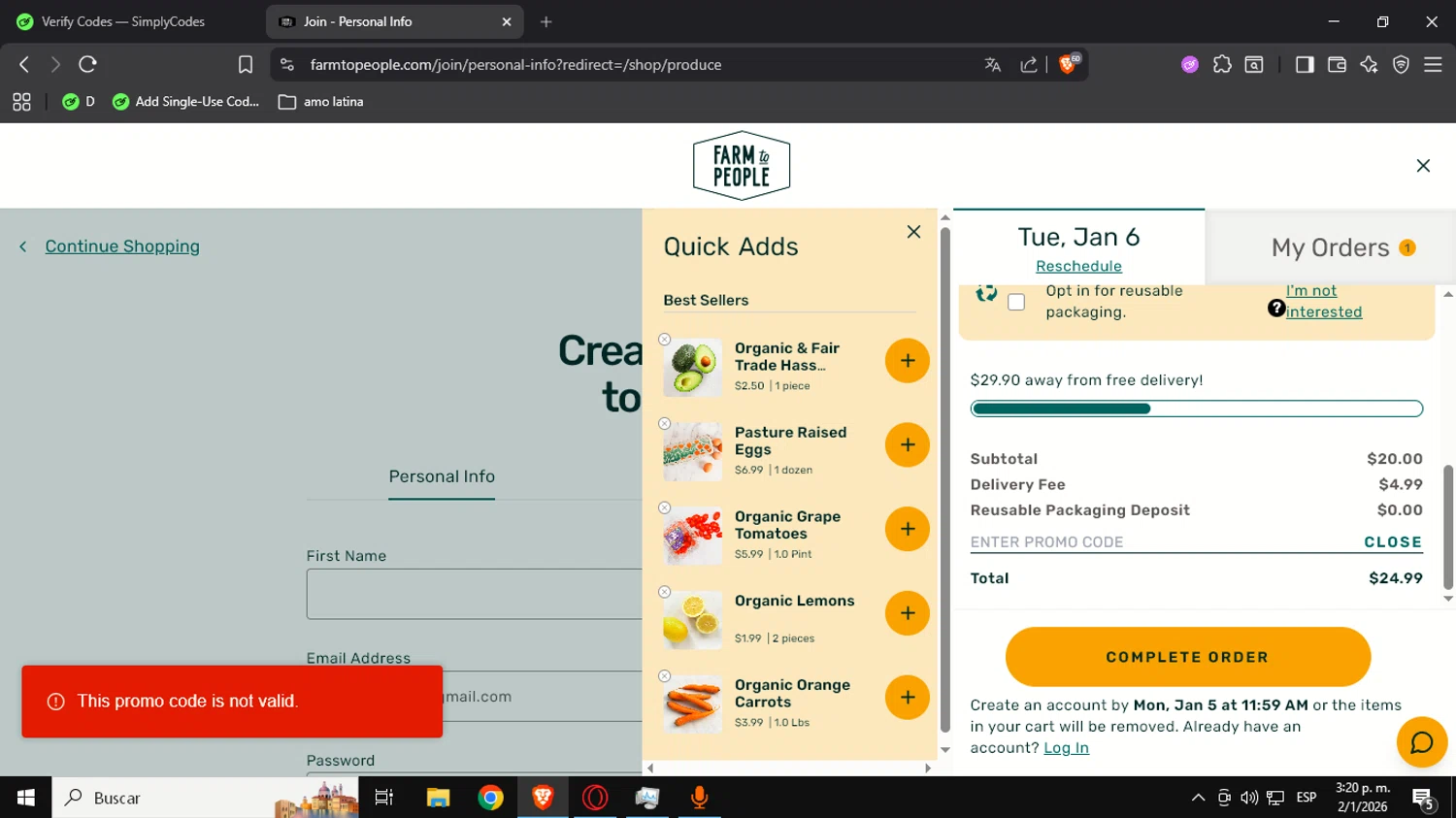 Farm to People promo code screenshot showing code farmboxfree26 applied at Farm to People checkout page. Uploaded by SimplyCodes community member Ultrapapu on Jan 2, 2026