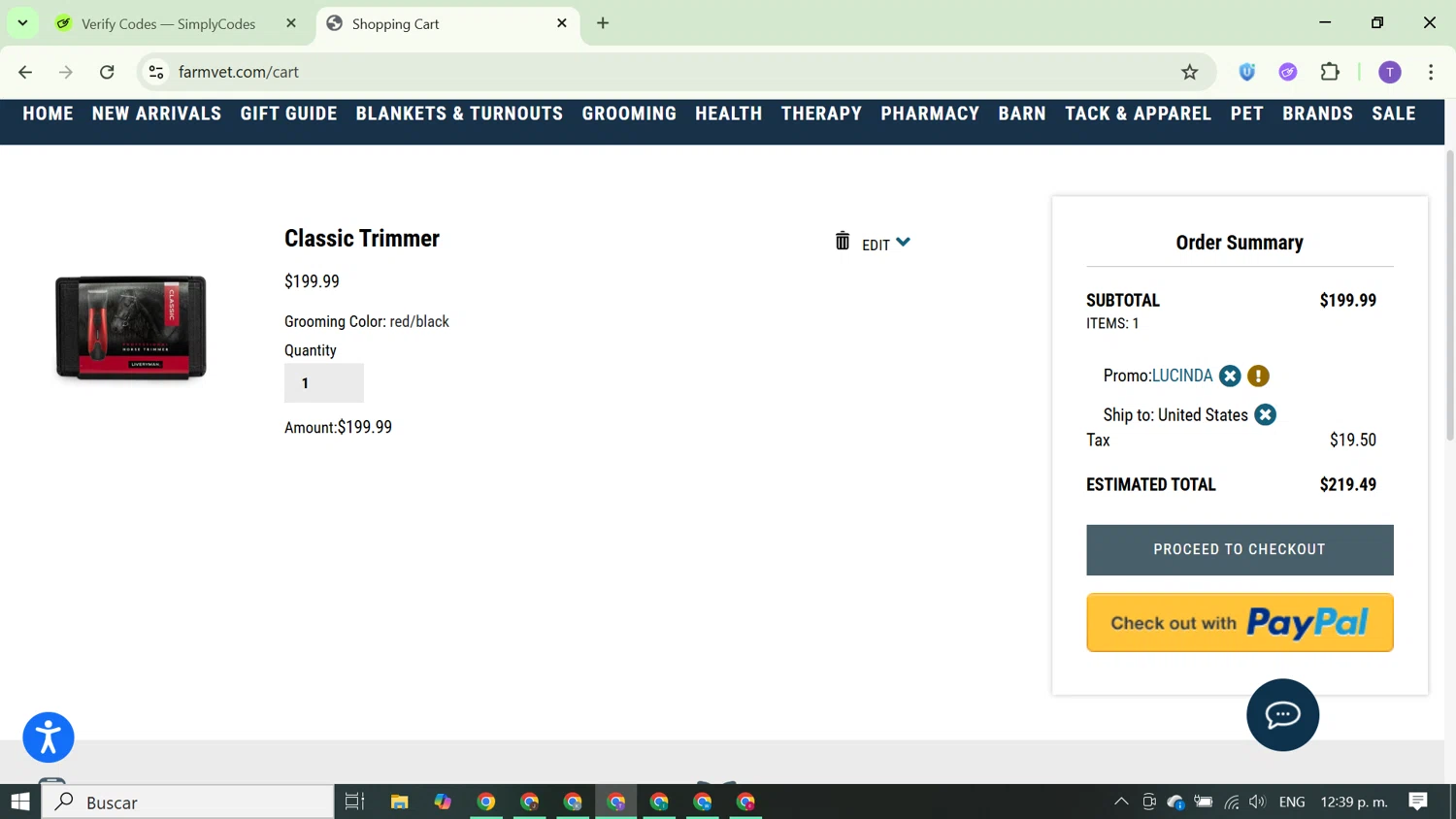 FarmVet promo code screenshot showing code LUCINDA applied at FarmVet checkout page. Uploaded by SimplyCodes community member FortunateCurator5882 on Dec 10, 2025
