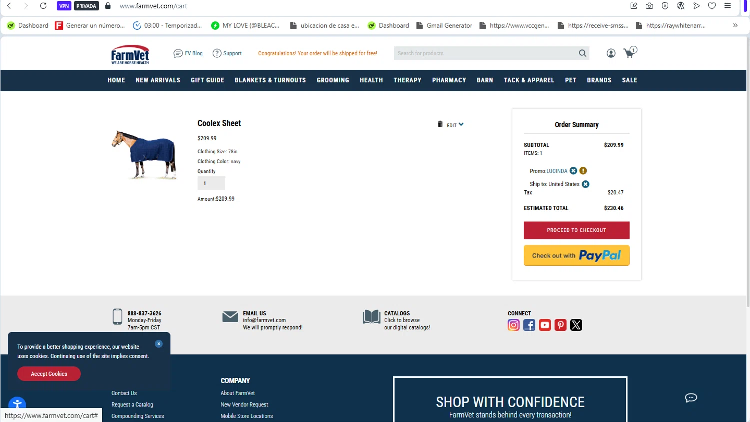 FarmVet promo code screenshot showing code LUCINDA applied at FarmVet checkout page. Uploaded by SimplyCodes community member Francisco01 on Dec 18, 2025