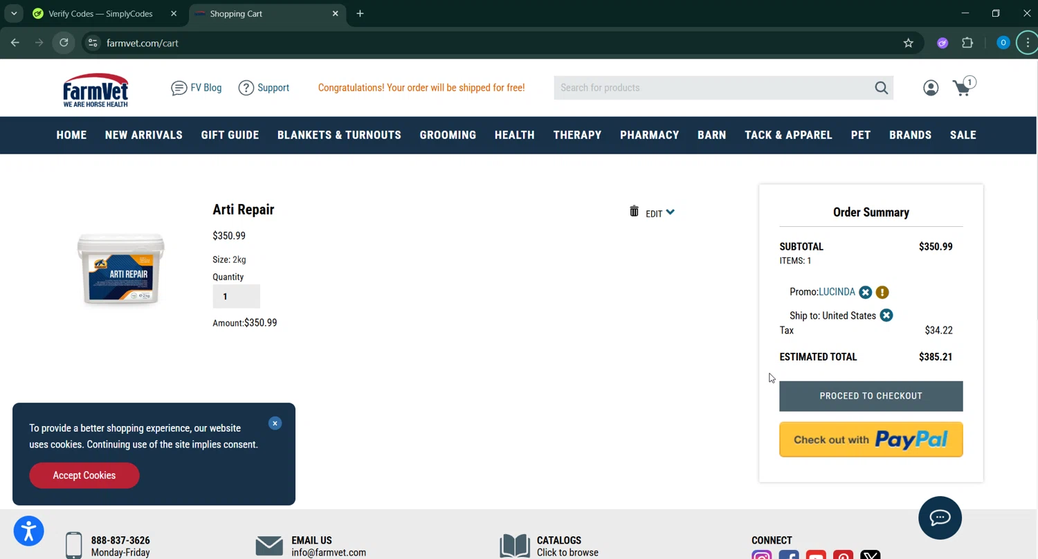 FarmVet promo code screenshot showing code LUCINDA applied at FarmVet checkout page. Uploaded by SimplyCodes community member GoldChaser6627 on Jan 27, 2026