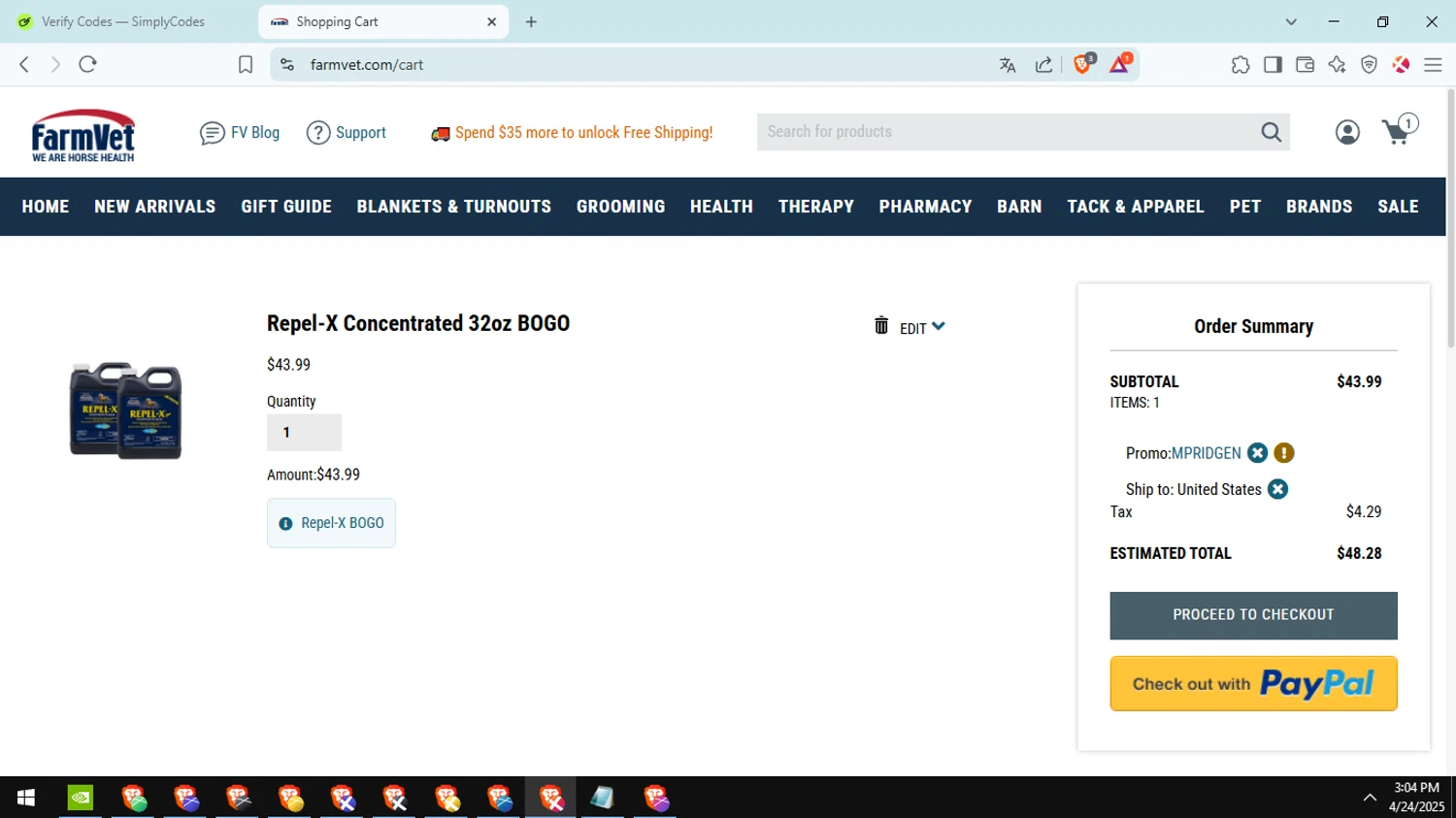 FarmVet promo code screenshot showing code Mpridgen applied at FarmVet checkout page. Uploaded by SimplyCodes community member Cucalina on Apr 24, 2025