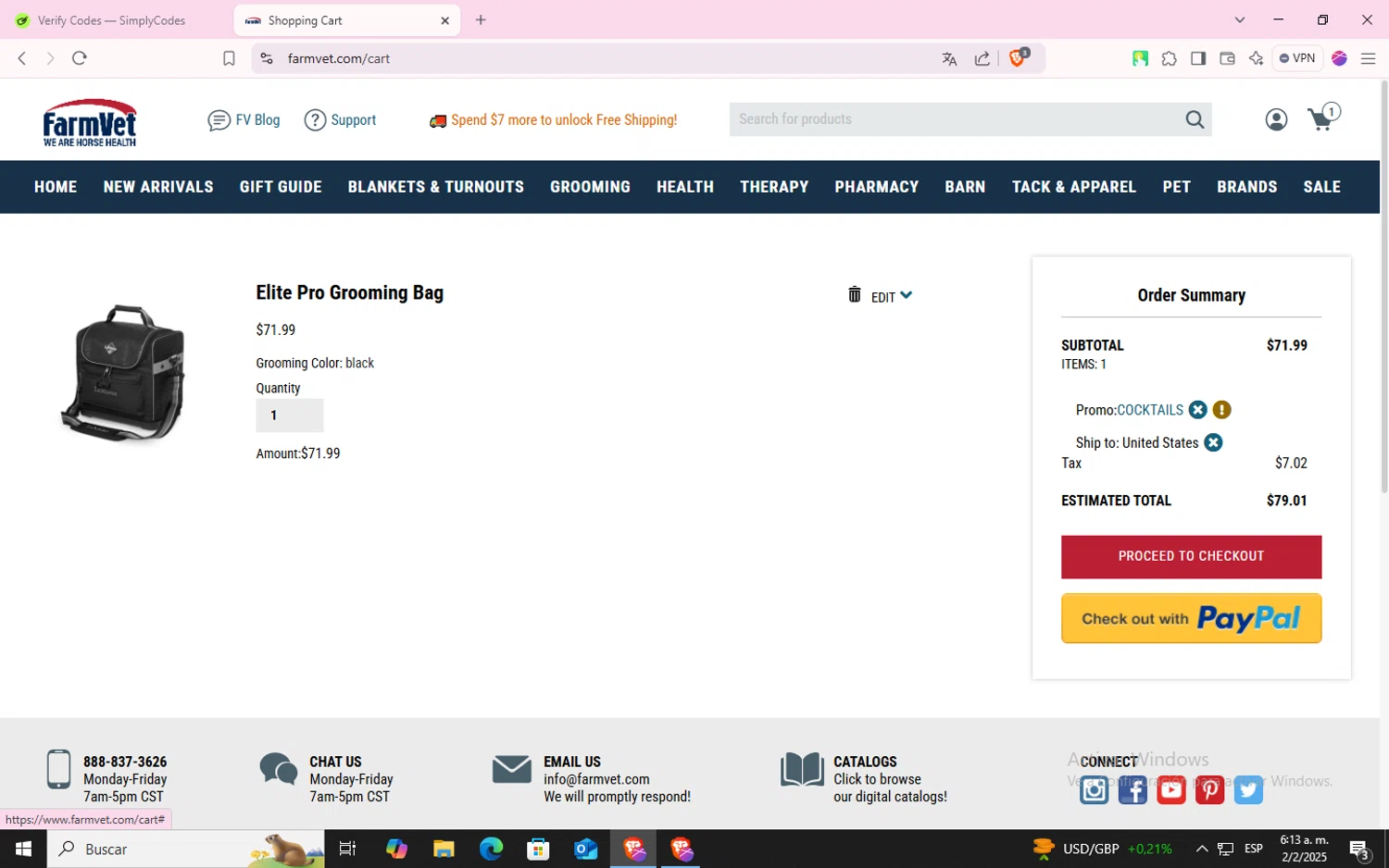 FarmVet promo code screenshot showing code COCKTAILS applied at FarmVet checkout page. Uploaded by SimplyCodes community member CodeLynx5272 on Feb 2, 2025