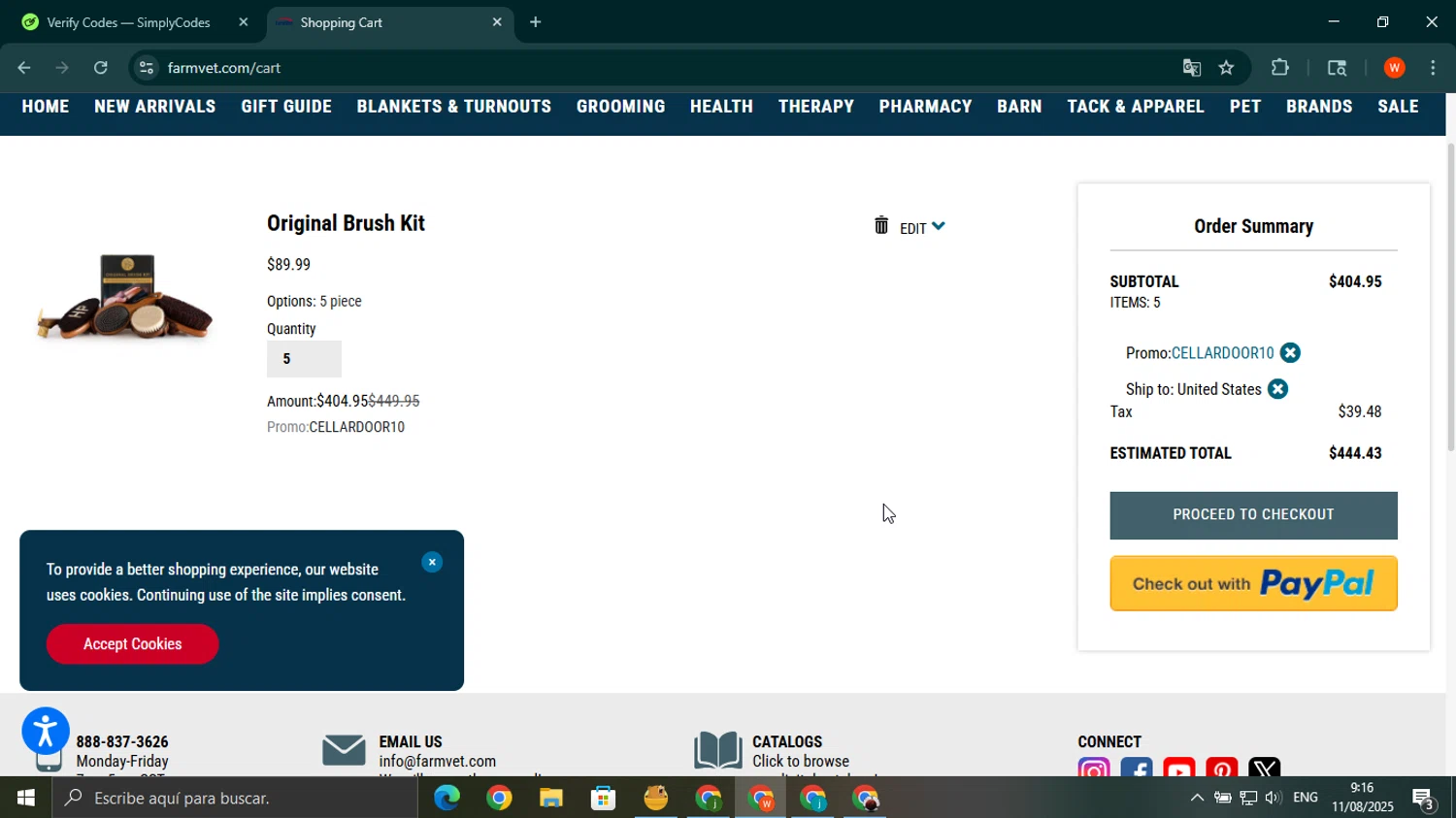 FarmVet promo code screenshot showing code CELLARDOOR10 applied at FarmVet checkout page. Uploaded by SimplyCodes community member wilferji on Aug 11, 2025
