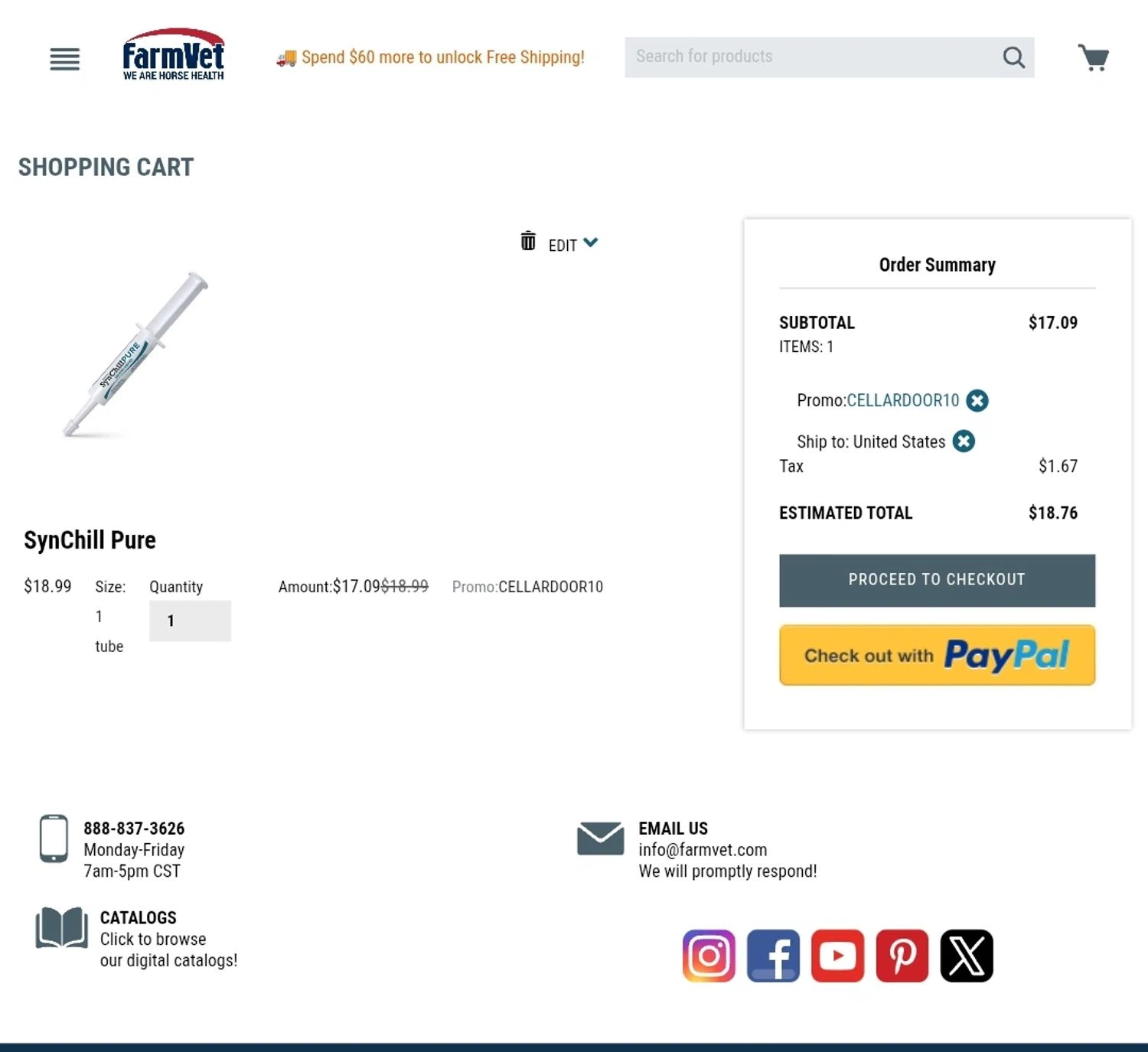 FarmVet promo code screenshot showing code CELLARDOOR10 applied at FarmVet checkout page. Uploaded by SimplyCodes community member JuanMonge on Jul 31, 2025