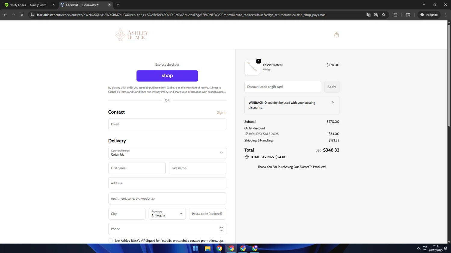 FasciaBlaster discount code screenshot showing code winback10 applied at FasciaBlaster checkout page. Uploaded by SimplyCodes community member CBR600 on Dec 28, 2025