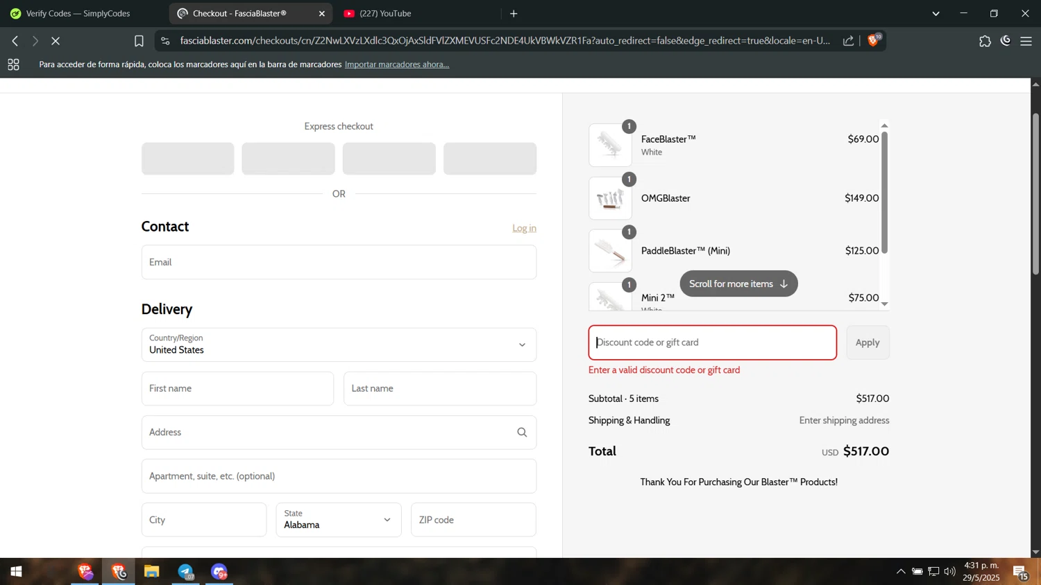 FasciaBlaster discount code screenshot showing code winback10 applied at FasciaBlaster checkout page. Uploaded by SimplyCodes community member leonj9624 on May 29, 2025