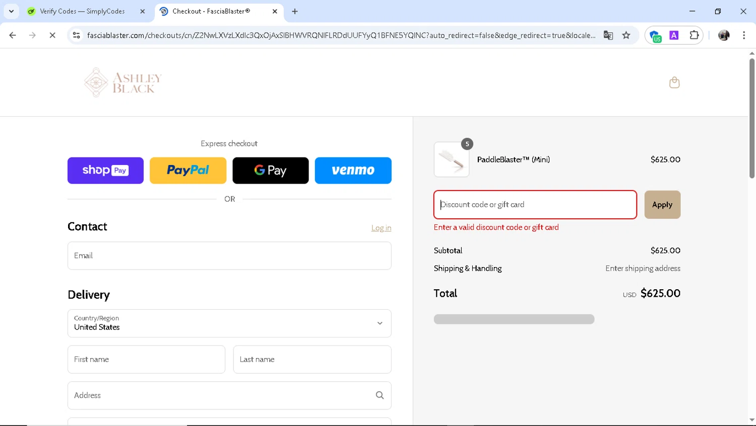 FasciaBlaster discount code screenshot showing code BLACK applied at FasciaBlaster checkout page. Uploaded by SimplyCodes community member Epa_yava on Mar 17, 2025