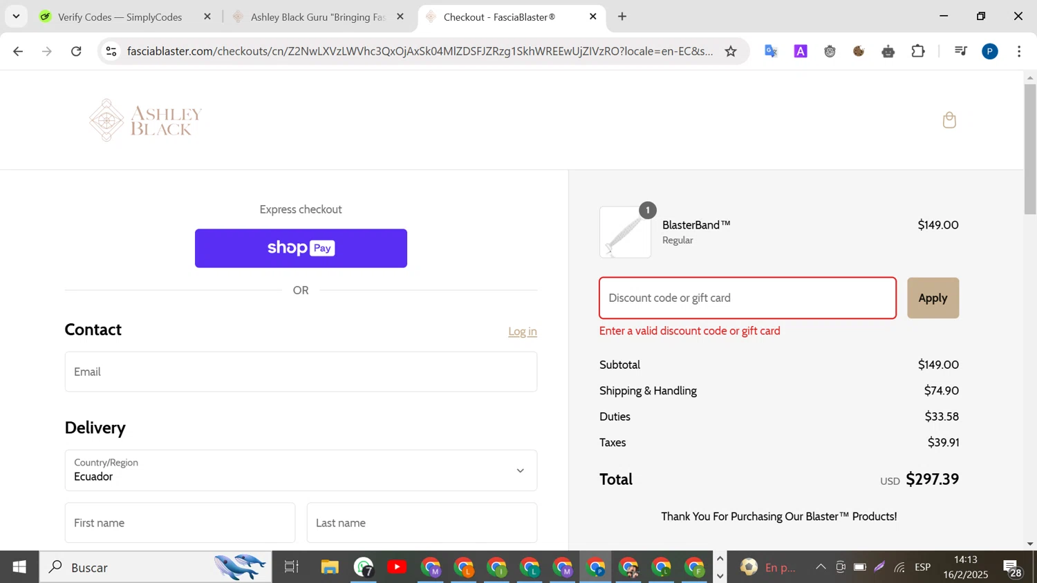 FasciaBlaster discount code screenshot showing code BLACK applied at FasciaBlaster checkout page. Uploaded by SimplyCodes community member BrilliantMaven4588 on Feb 16, 2025