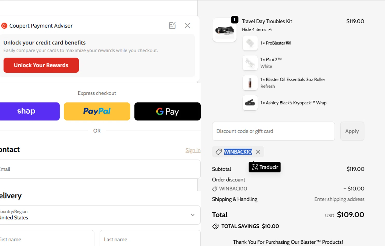 FasciaBlaster discount code screenshot showing code WINBACK10 applied at FasciaBlaster checkout page. Uploaded by SimplyCodes community member Olorinnnnn on Dec 28, 2025