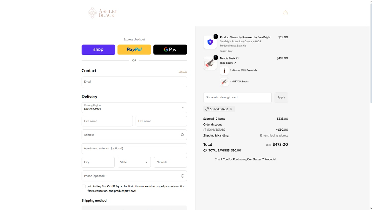 FasciaBlaster discount code screenshot showing code 50INVESTAB2 applied at FasciaBlaster checkout page. Uploaded by SimplyCodes community member RickhiK on Dec 30, 2025