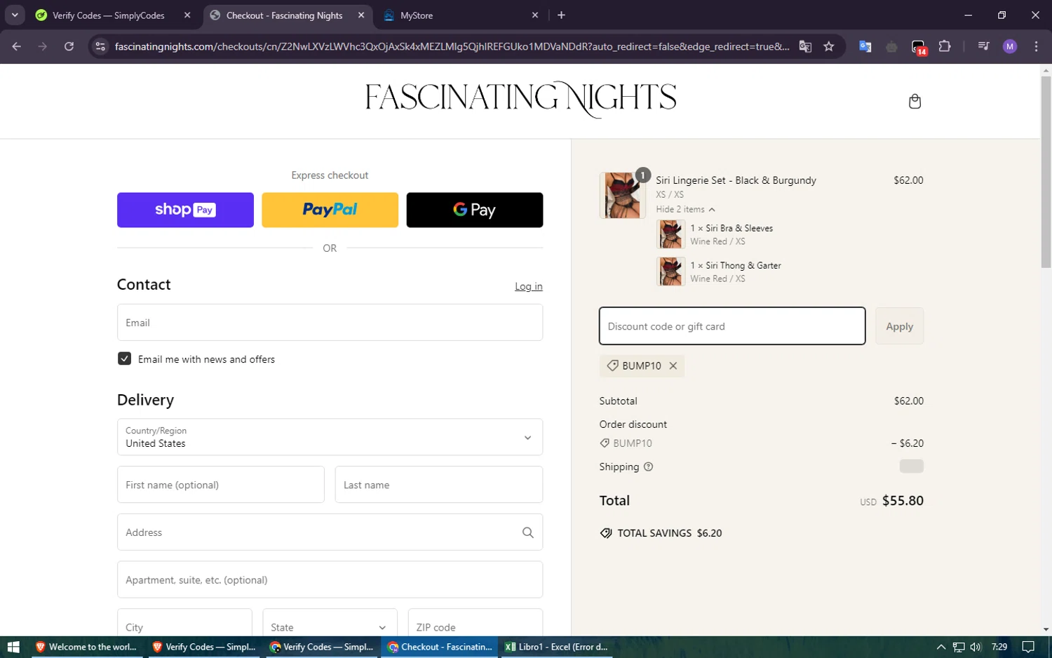 Fascinating Nights discount code screenshot showing code BUMP10 applied at Fascinating Nights checkout page. Uploaded by SimplyCodes community member usuario500 on Feb 26, 2025