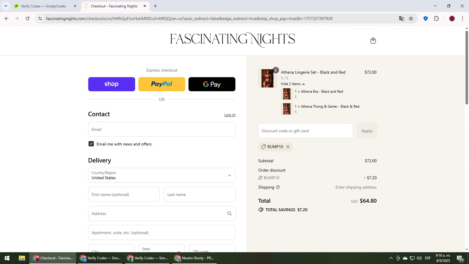 Fascinating Nights discount code screenshot showing code BUMP10 applied at Fascinating Nights checkout page. Uploaded by SimplyCodes community member MightyLegend6657 on Sep 8, 2025