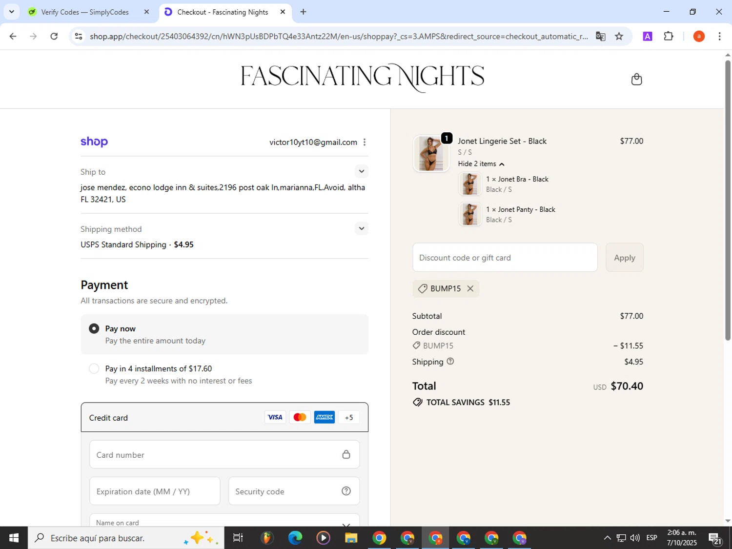 Fascinating Nights discount code screenshot showing code BUMP15 applied at Fascinating Nights checkout page. Uploaded by SimplyCodes community member partenalgas on Oct 7, 2025