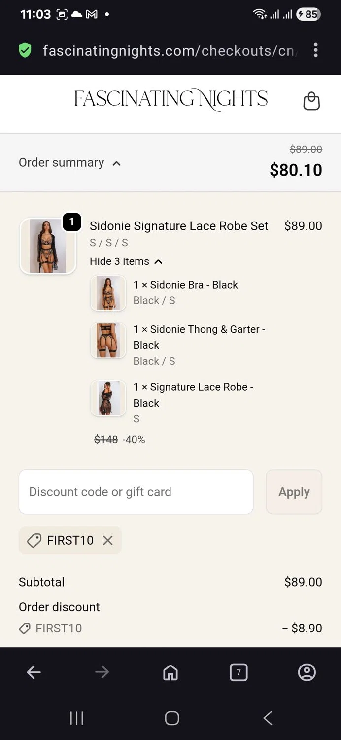 Fascinating Nights discount code screenshot showing code First10 applied at Fascinating Nights checkout page. Uploaded by SimplyCodes community member vida5254427716958 on Nov 11, 2025