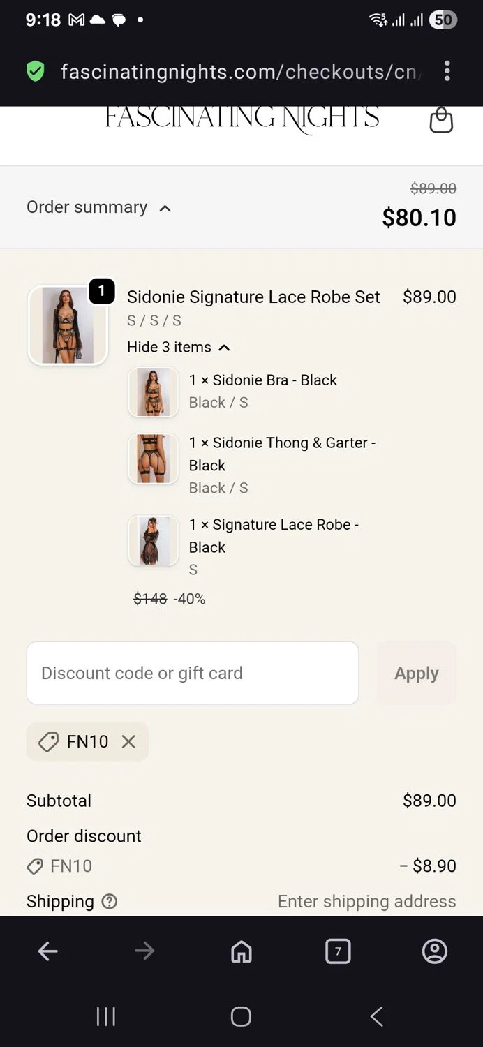 Fascinating Nights discount code screenshot showing code Fn10 applied at Fascinating Nights checkout page. Uploaded by SimplyCodes community member vida5254427716958 on Nov 10, 2025