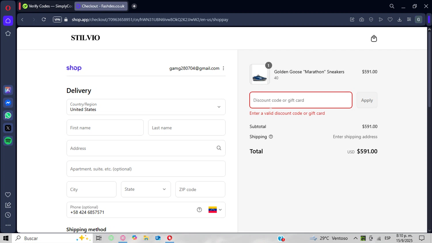 Fashdes coupon code screenshot showing code COMEBACK10 applied at Fashdes checkout page. Uploaded by SimplyCodes community member CrownWizard8571 on Sep 16, 2025