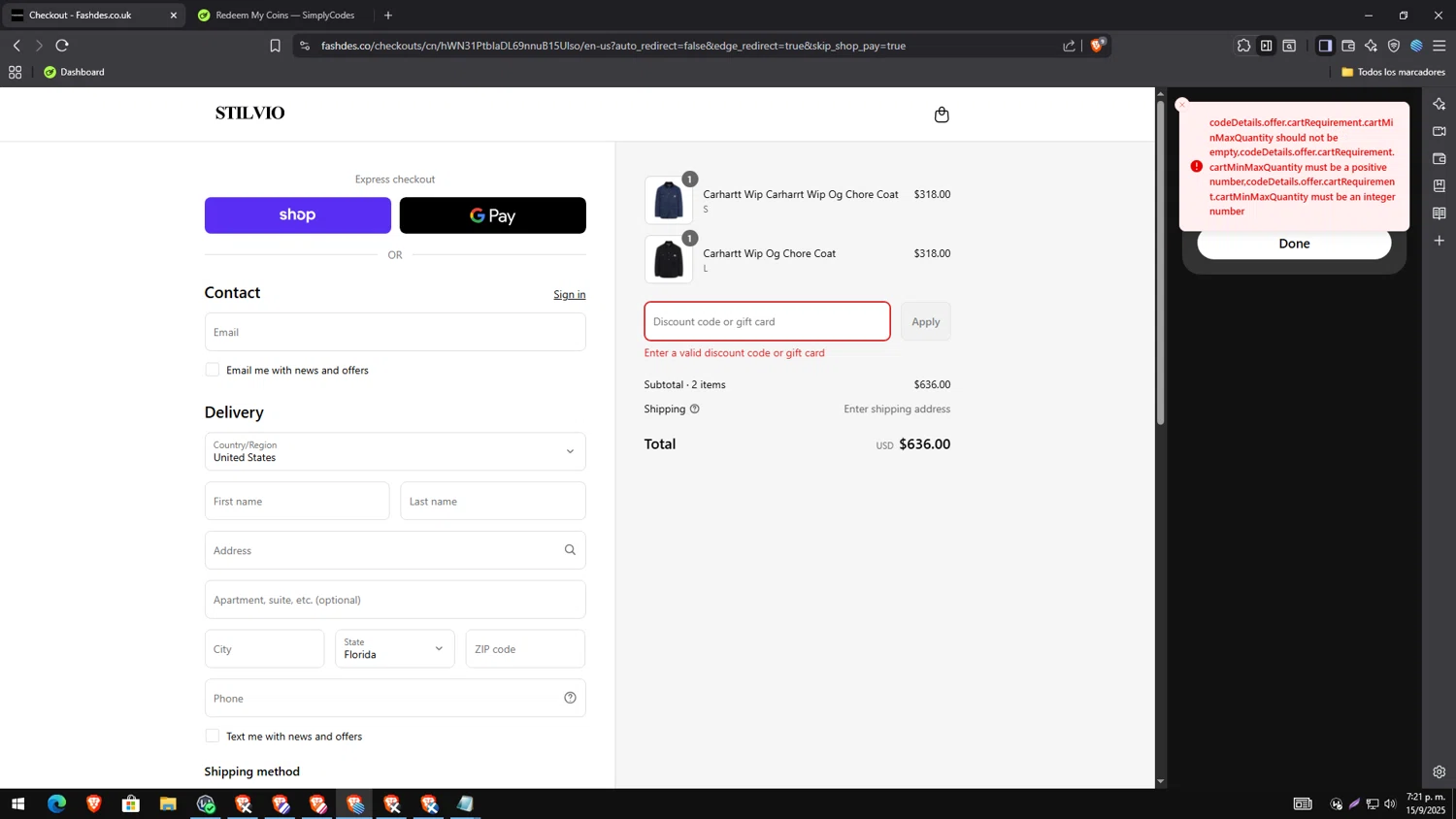 Fashdes coupon code screenshot showing code COMEBACK10 applied at Fashdes checkout page. Uploaded by SimplyCodes community member MagnificentAce6663 on Sep 15, 2025