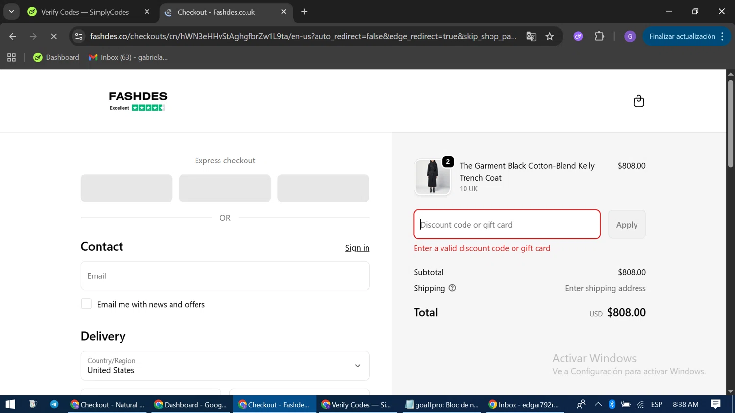 Fashdes coupon code screenshot showing code FALL10 applied at Fashdes checkout page. Uploaded by SimplyCodes community member GloriousCaptain3662 on Oct 2, 2025