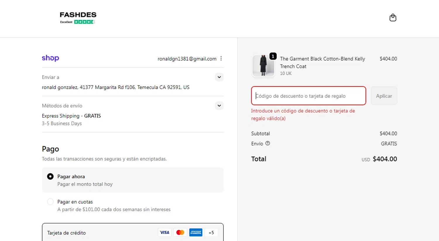 Fashdes coupon code screenshot showing code FALL10 applied at Fashdes checkout page. Uploaded by SimplyCodes community member Yuskeilyn20 on Oct 2, 2025