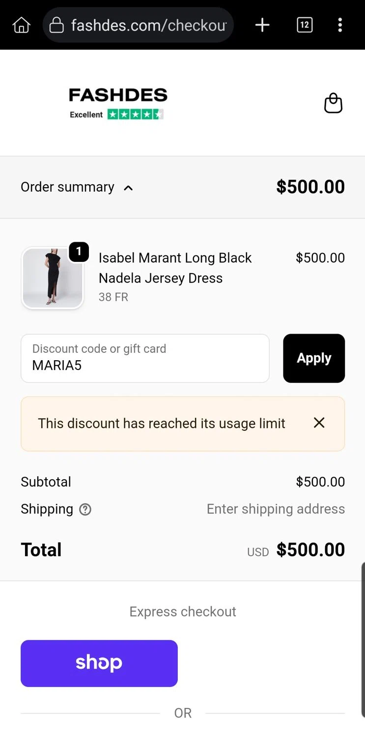 Fashdes coupon code screenshot showing code MARIA5 applied at Fashdes checkout page. Uploaded by SimplyCodes community member Carloslvz on Dec 4, 2025