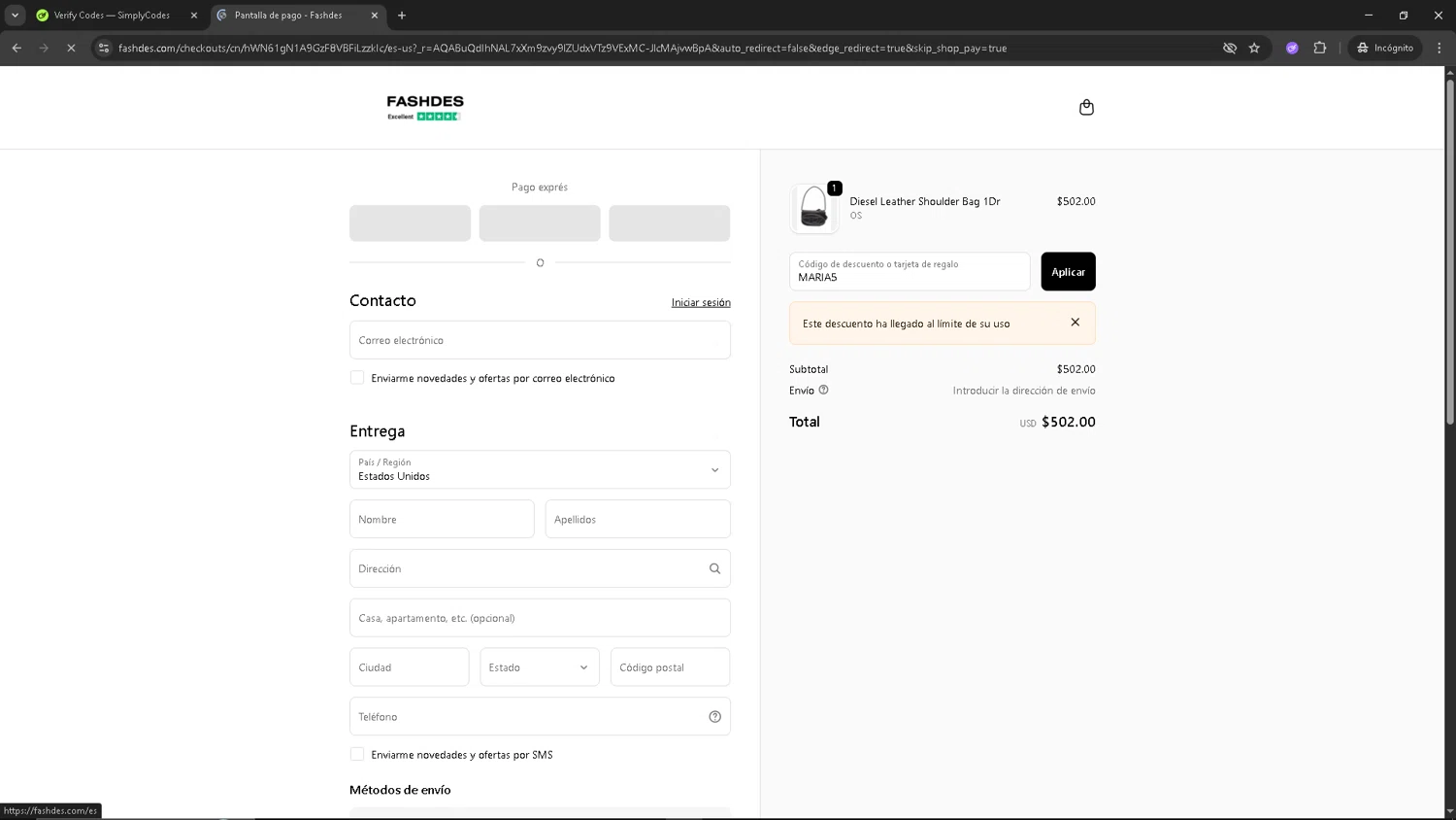 Fashdes coupon code screenshot showing code MARIA5 applied at Fashdes checkout page. Uploaded by SimplyCodes community member SAKURA on Dec 4, 2025