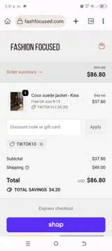 TIKTOK10 coupon verification screenshot