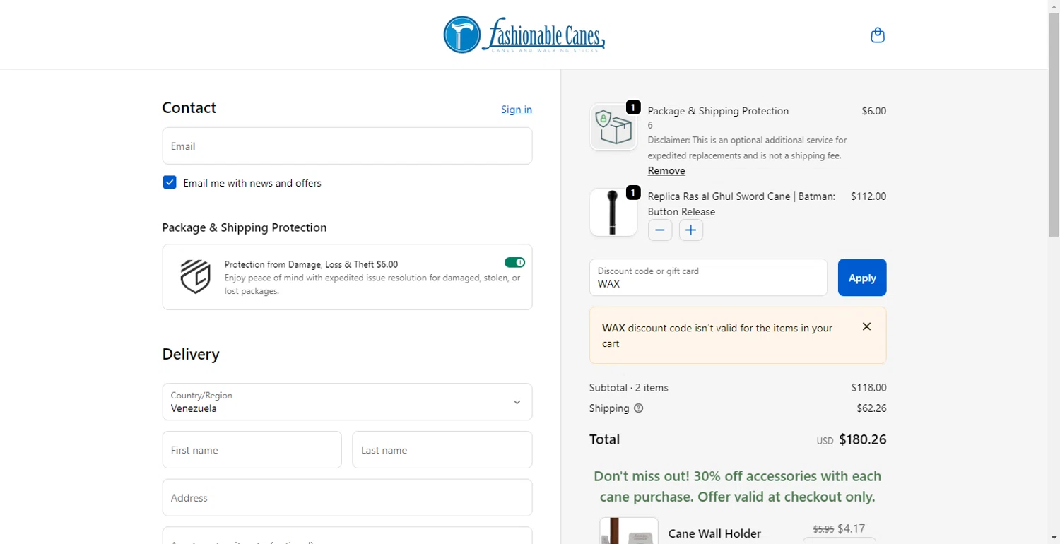 Fashionable Canes coupon code screenshot showing code WAX applied at Fashionable Canes checkout page. Uploaded by SimplyCodes community member BonusFox1297 on Dec 6, 2025