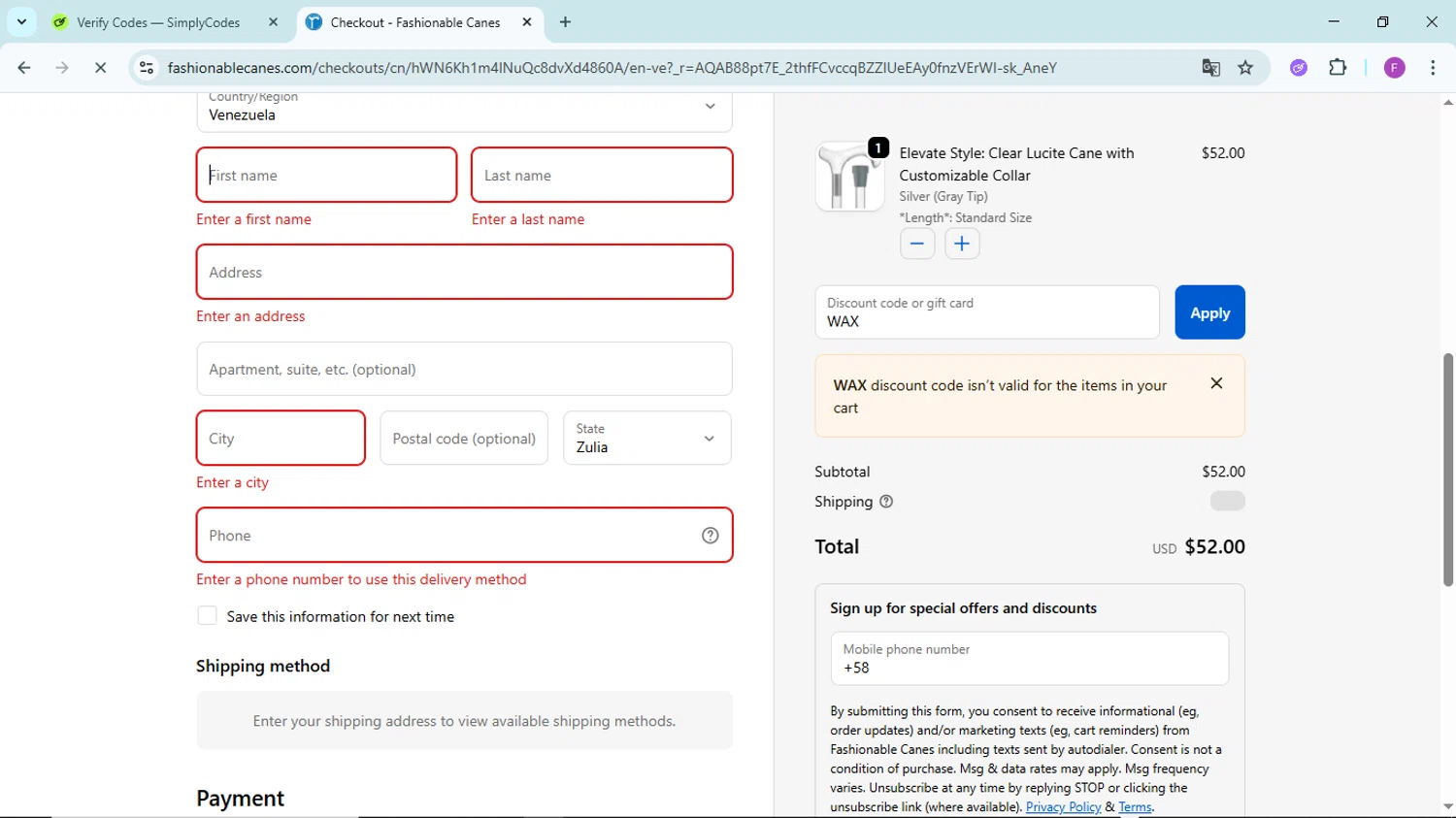 Fashionable Canes coupon code screenshot showing code WAX applied at Fashionable Canes checkout page. Uploaded by SimplyCodes community member ShieldTitan6985 on Dec 12, 2025