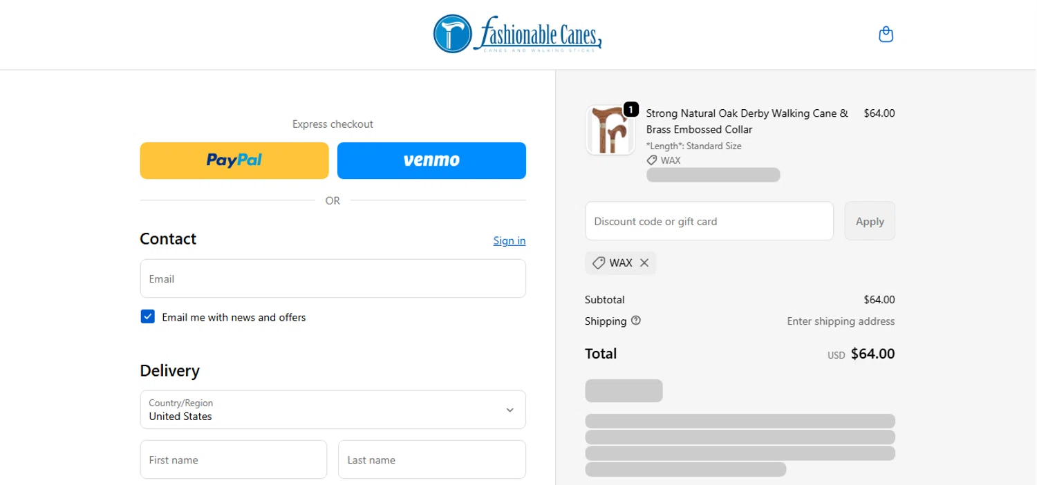 Fashionable Canes coupon code screenshot showing code WAX applied at Fashionable Canes checkout page. Uploaded by SimplyCodes community member xHRxUltrax on Nov 21, 2025