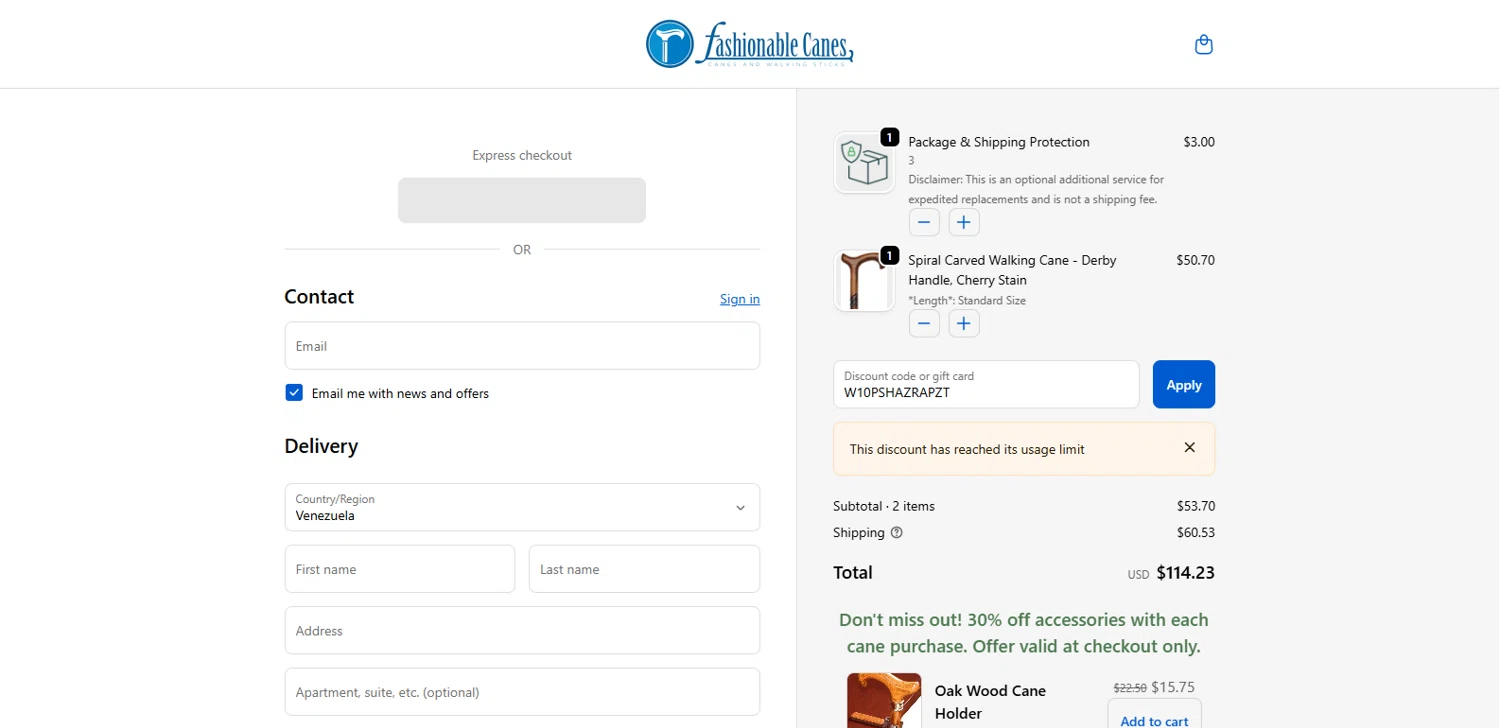 Fashionable Canes coupon code screenshot showing code W10PSHAZRAPZT applied at Fashionable Canes checkout page. Uploaded by SimplyCodes community member IronHorse on Oct 4, 2025