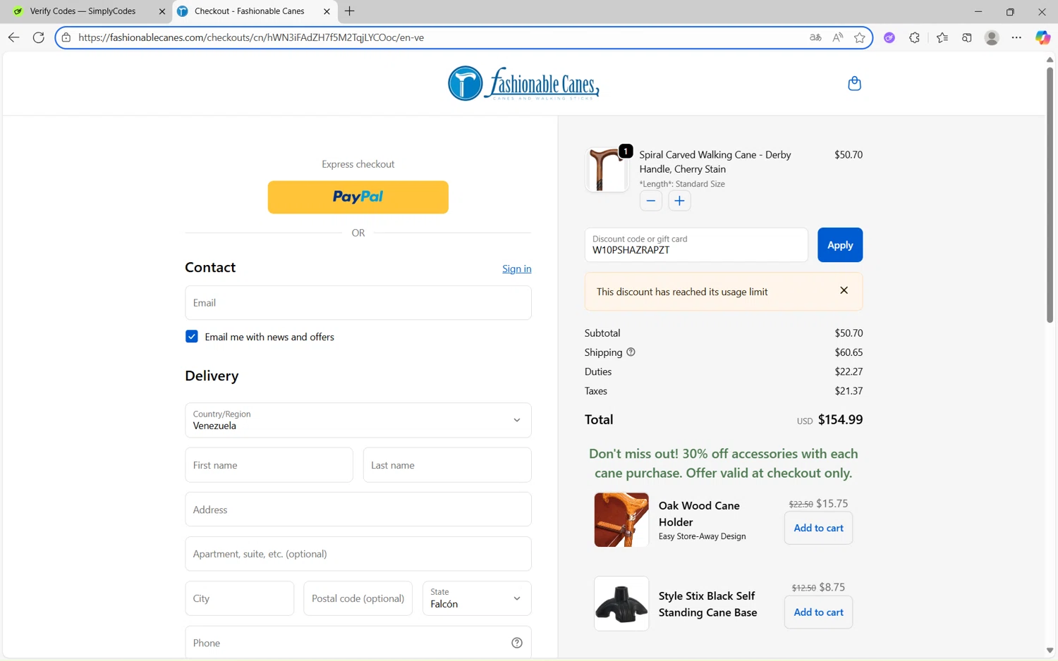 Fashionable Canes coupon code screenshot showing code W10PSHAZRAPZT applied at Fashionable Canes checkout page. Uploaded by SimplyCodes community member frijolito on Oct 4, 2025