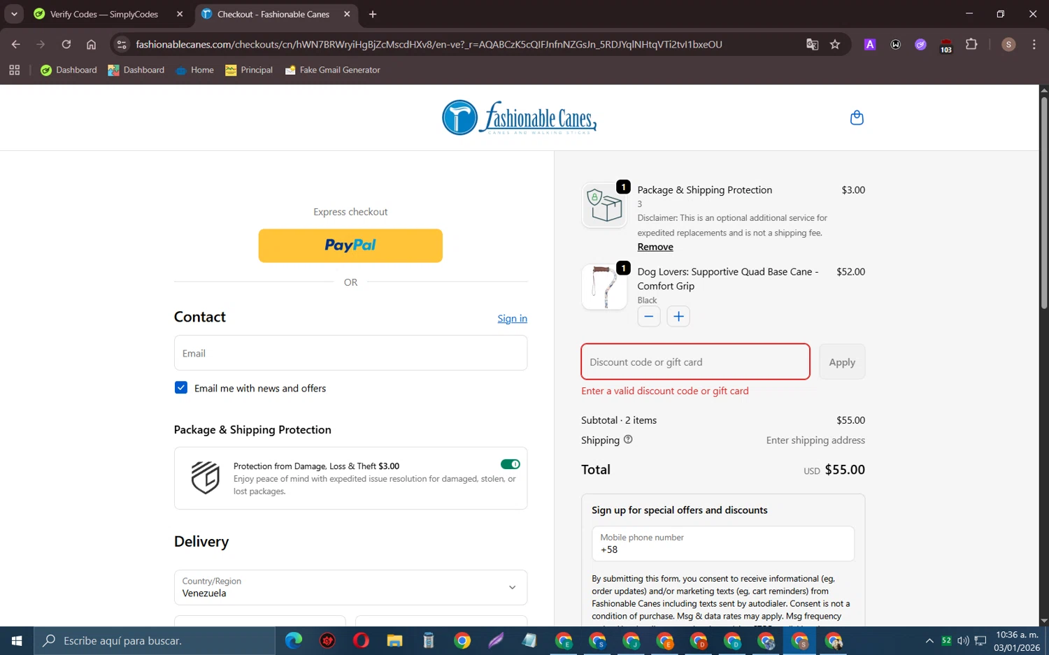 Fashionable Canes coupon code screenshot showing code STRAP applied at Fashionable Canes checkout page. Uploaded by SimplyCodes community member TreasurePioneer6575 on Jan 3, 2026