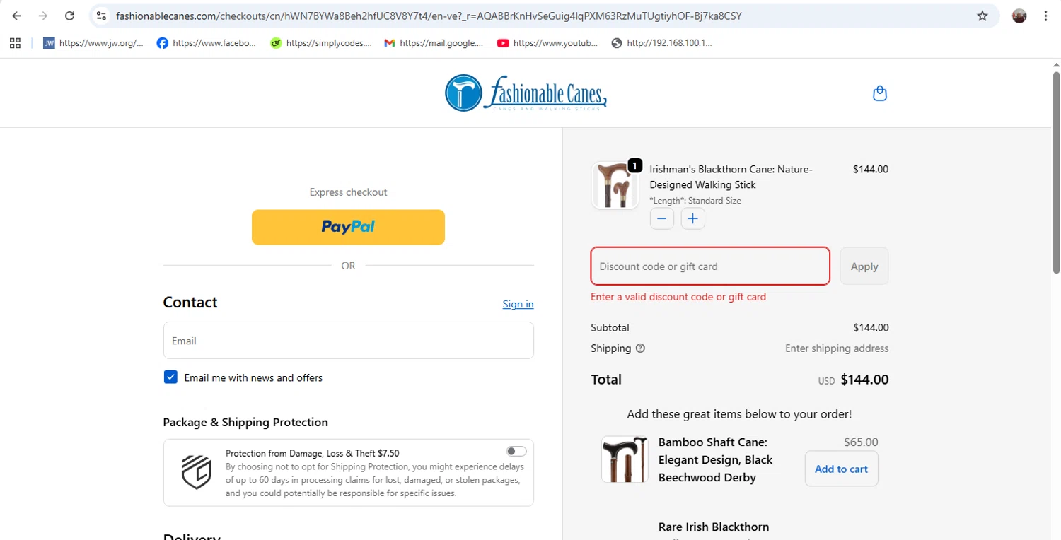 Fashionable Canes coupon code screenshot showing code STRAP applied at Fashionable Canes checkout page. Uploaded by SimplyCodes community member Zaphanet on Jan 3, 2026