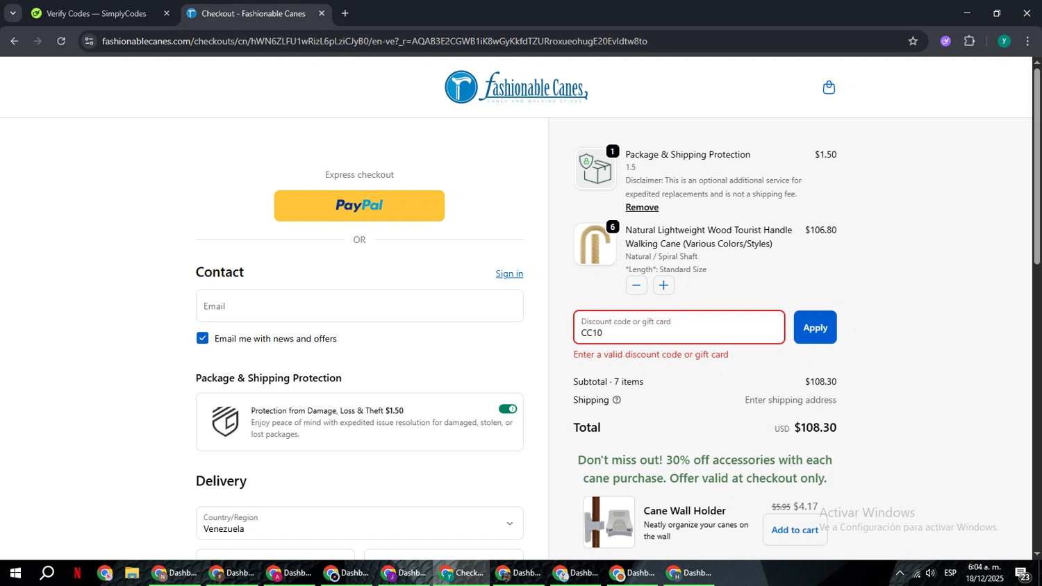 Fashionable Canes coupon code screenshot showing code CC10 applied at Fashionable Canes checkout page. Uploaded by SimplyCodes community member FrugalCaptain6906 on Dec 18, 2025
