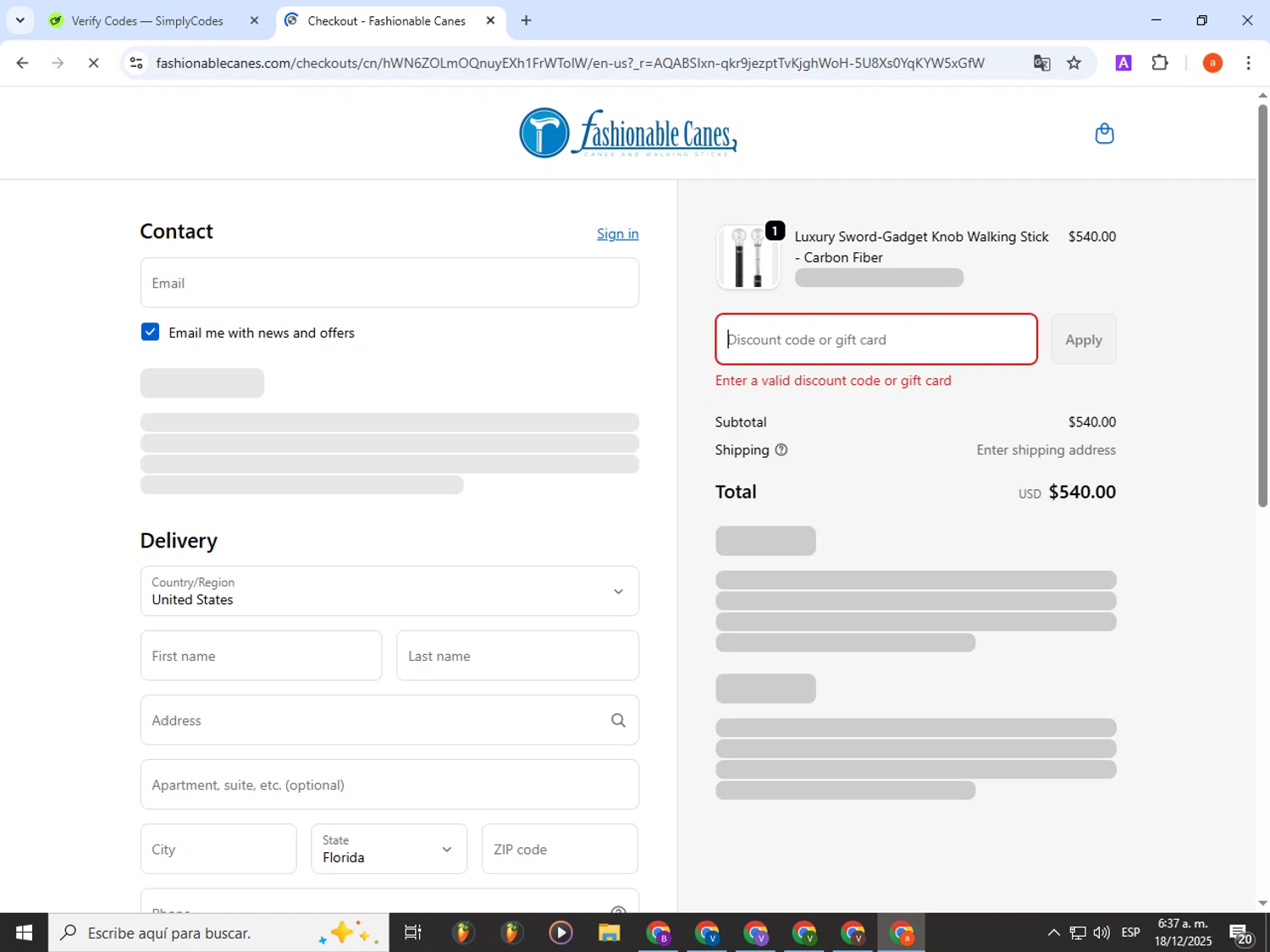 Fashionable Canes coupon code screenshot showing code CC10 applied at Fashionable Canes checkout page. Uploaded by SimplyCodes community member partenalgas on Dec 18, 2025