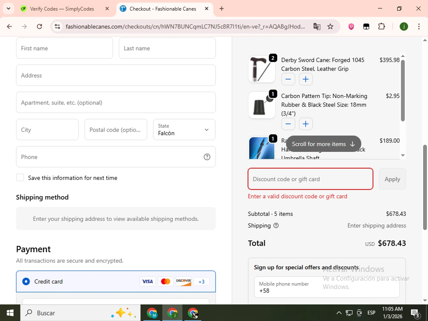 Fashionable Canes coupon code screenshot showing code GLOW applied at Fashionable Canes checkout page. Uploaded by SimplyCodes community member SavingsCollector2592 on Jan 3, 2026