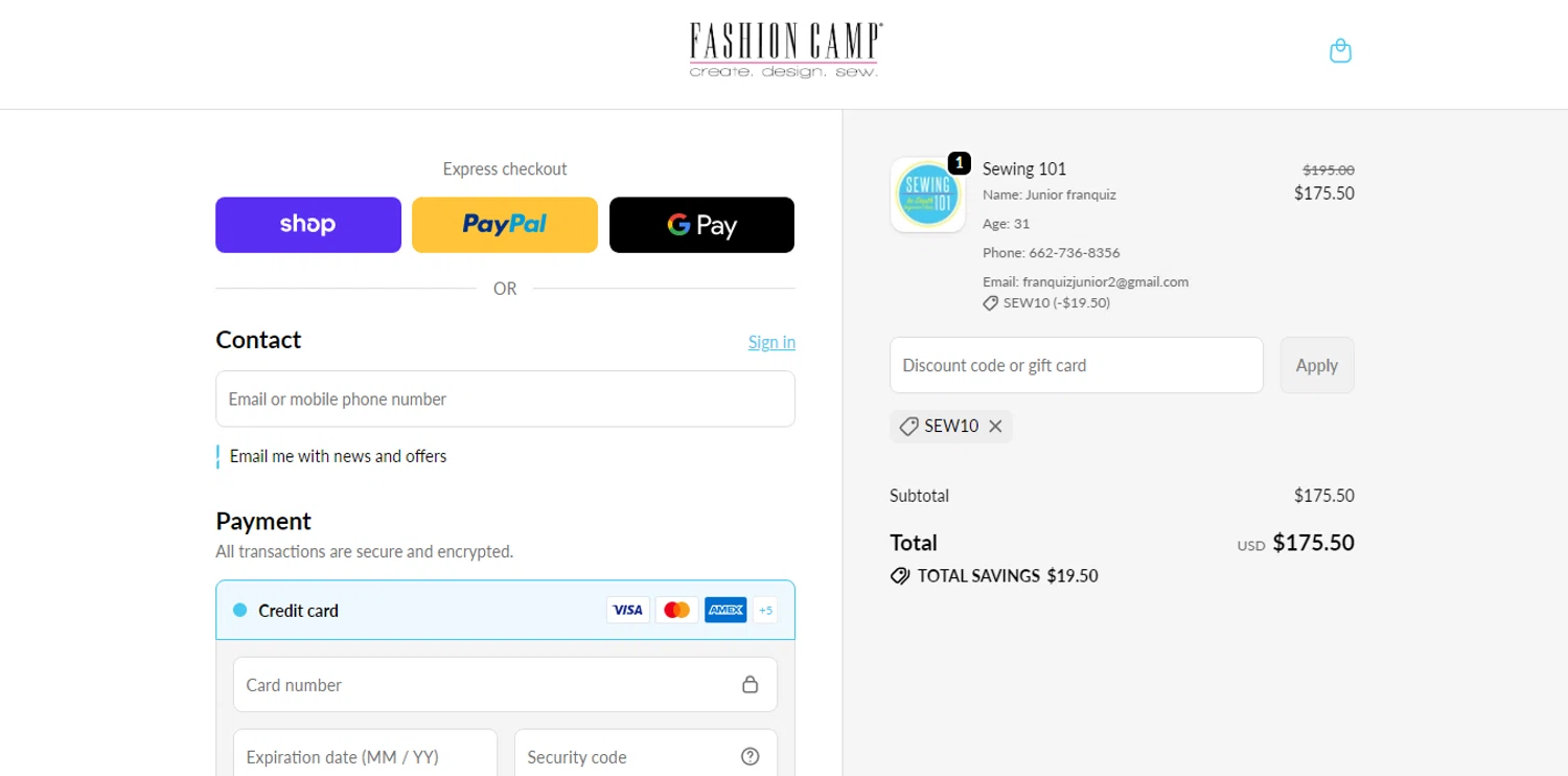 Fashion Camp promo code screenshot showing code Sew10 applied at Fashion Camp checkout page. Uploaded by SimplyCodes community member HUNTER1406 on Jun 15, 2026