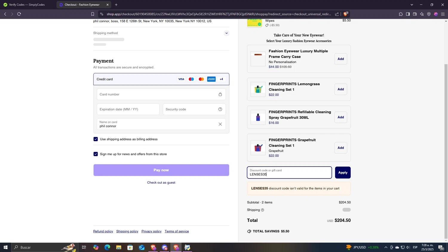 Fashion Eyewear discount code screenshot showing code LENSES35 applied at Fashion Eyewear checkout page. Uploaded by SimplyCodes community member Despechao on Mar 25, 2025
