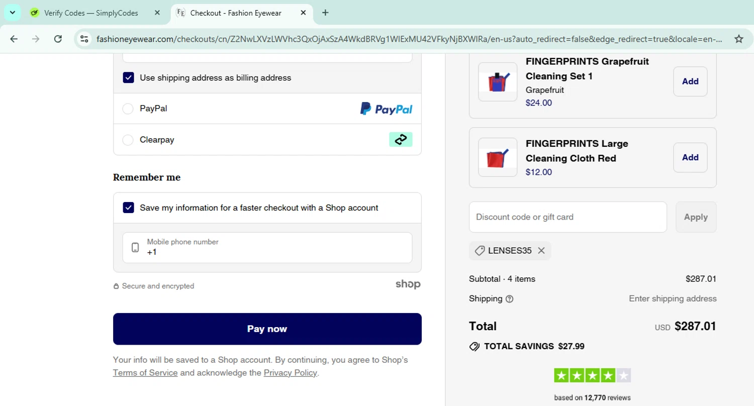 Fashion Eyewear discount code screenshot showing code LENSES35 applied at Fashion Eyewear checkout page. Uploaded by SimplyCodes community member Morketools on Jul 16, 2025