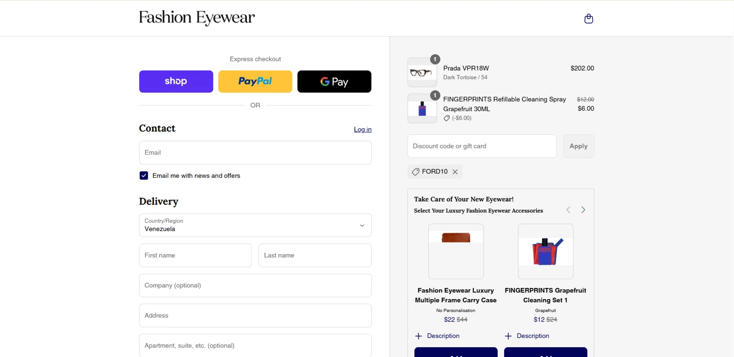 Fashion Eyewear discount code screenshot showing code FORD10 applied at Fashion Eyewear checkout page. Uploaded by SimplyCodes community member kalltrom21 on Sep 1, 2025