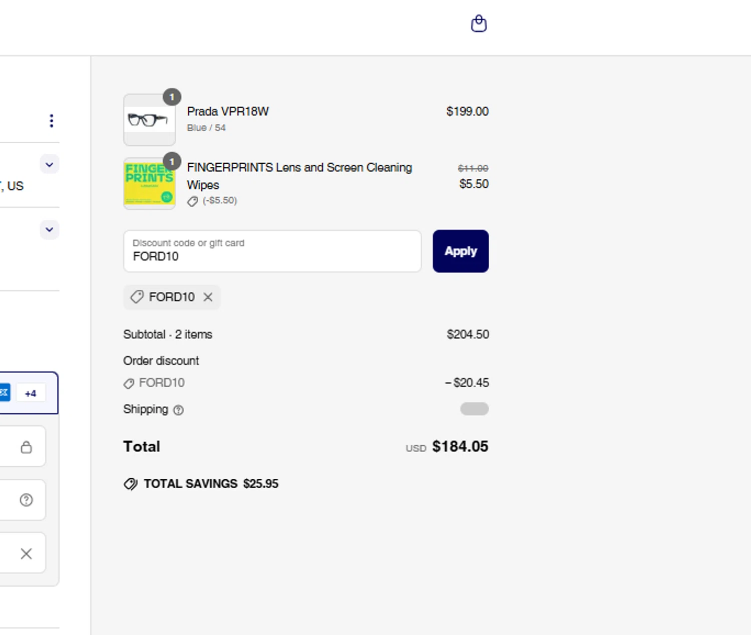 Fashion Eyewear discount code screenshot showing code FORD10 applied at Fashion Eyewear checkout page. Uploaded by SimplyCodes community member BrilliantRanger2465 on Mar 25, 2025