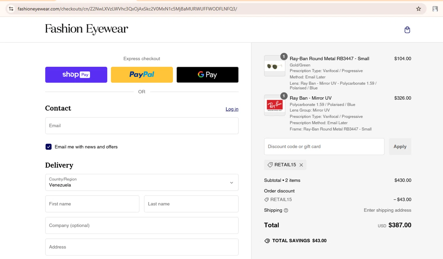 Fashion Eyewear discount code screenshot showing code Retail15 applied at Fashion Eyewear checkout page. Uploaded by SimplyCodes community member SwiftHunter4675 on Dec 28, 2024