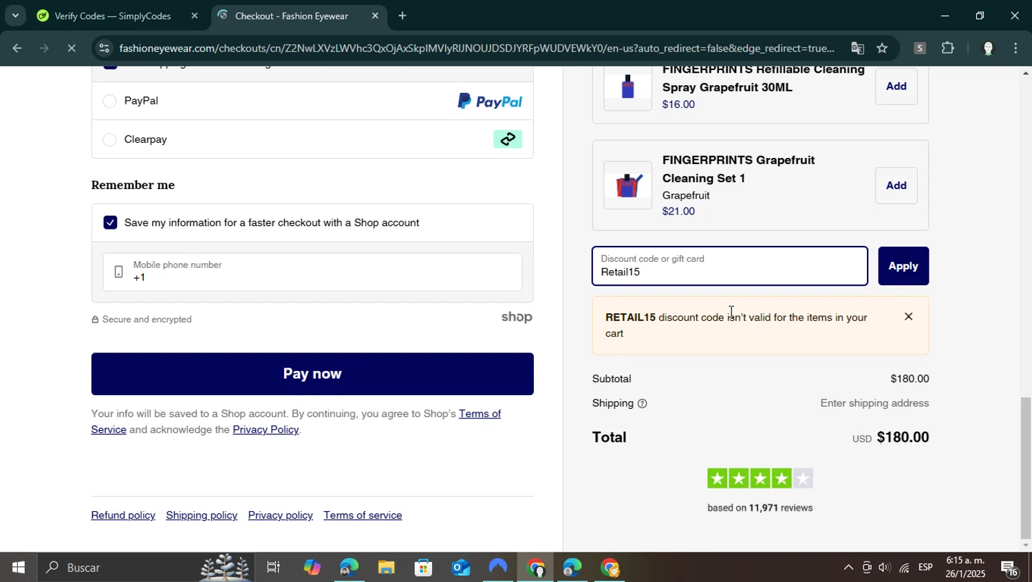 Fashion Eyewear discount code screenshot showing code Retail15 applied at Fashion Eyewear checkout page. Uploaded by SimplyCodes community member coder_vang on Jan 26, 2025