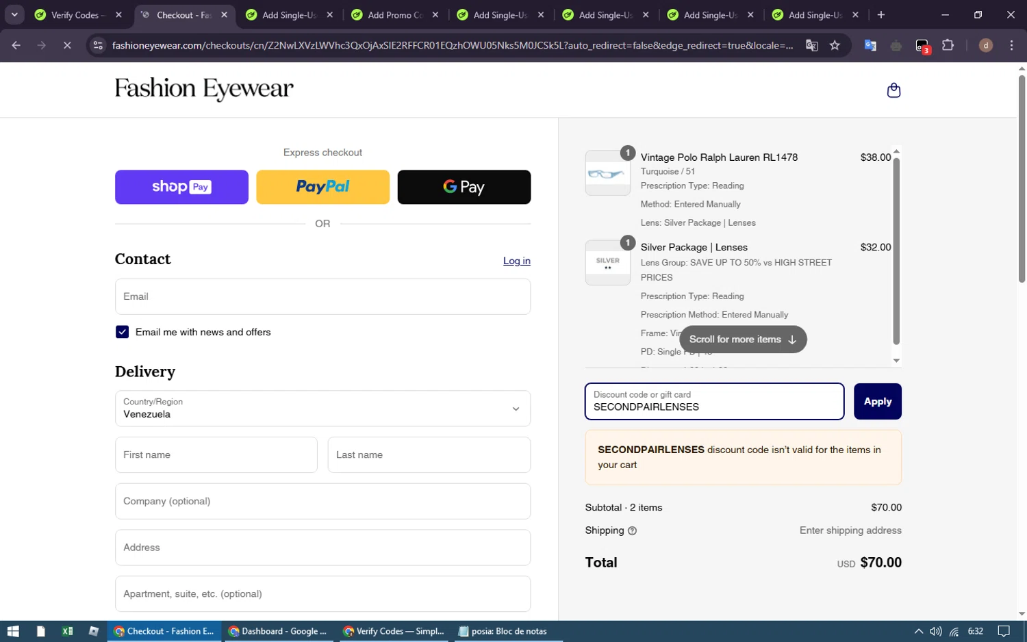 Fashion Eyewear discount code screenshot showing code SECONDPAIRLENSES applied at Fashion Eyewear checkout page. Uploaded by SimplyCodes community member GleynnethR on Mar 25, 2025