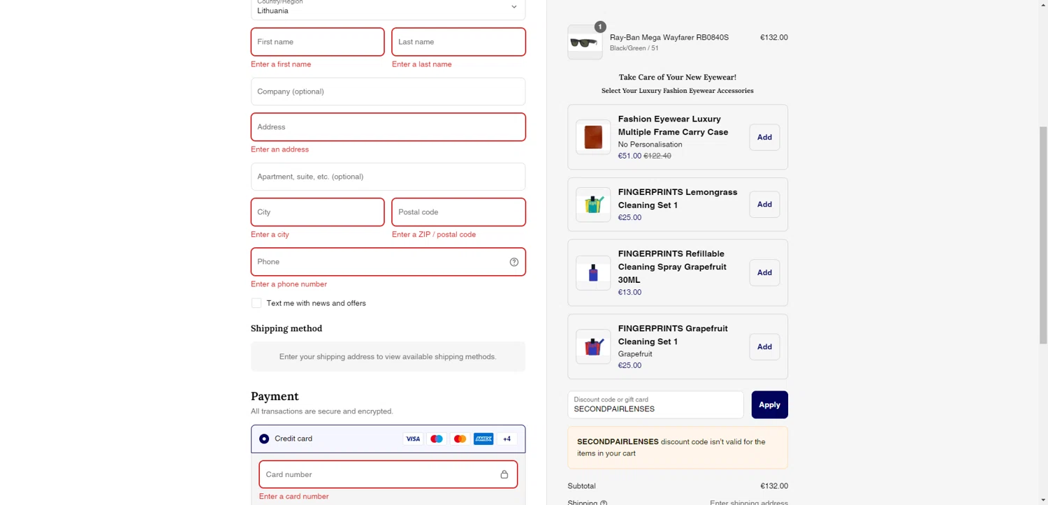 Fashion Eyewear discount code screenshot showing code SECONDPAIRLENSES applied at Fashion Eyewear checkout page. Uploaded by SimplyCodes community member PromoAdmiral6652 on Aug 10, 2025