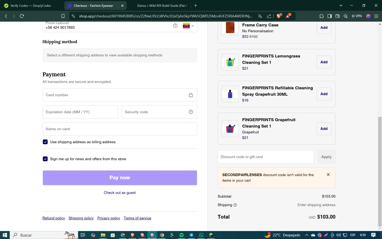 Fashion Eyewear discount code screenshot showing code SECONDPAIRLENSES applied at Fashion Eyewear checkout page. Uploaded by SimplyCodes community member SmartSaver5448 on Jan 31, 2025
